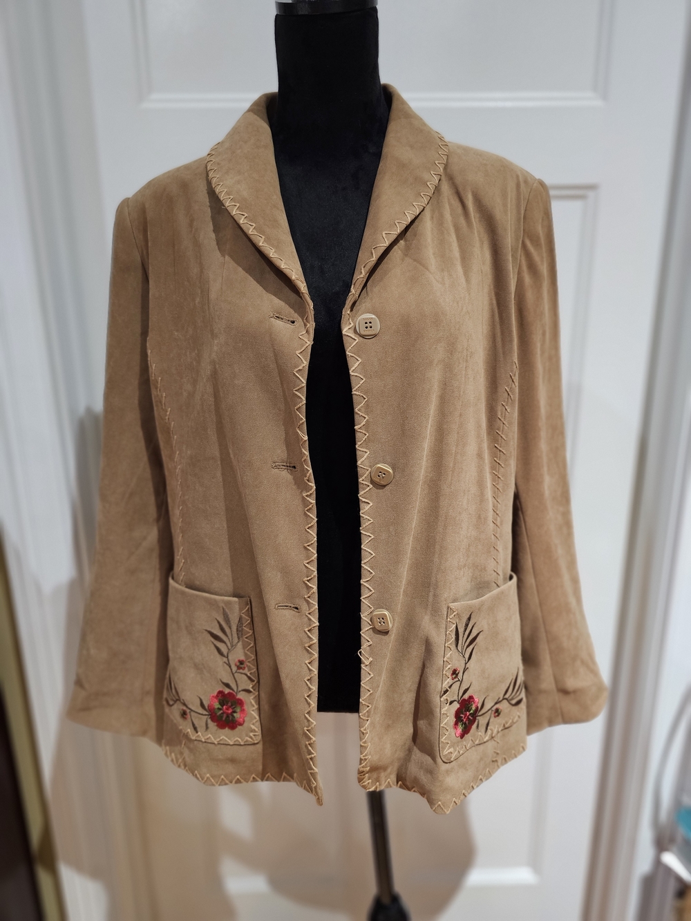 Susan Graver Tan Suede Jacket with Floral Pocket Embroidery